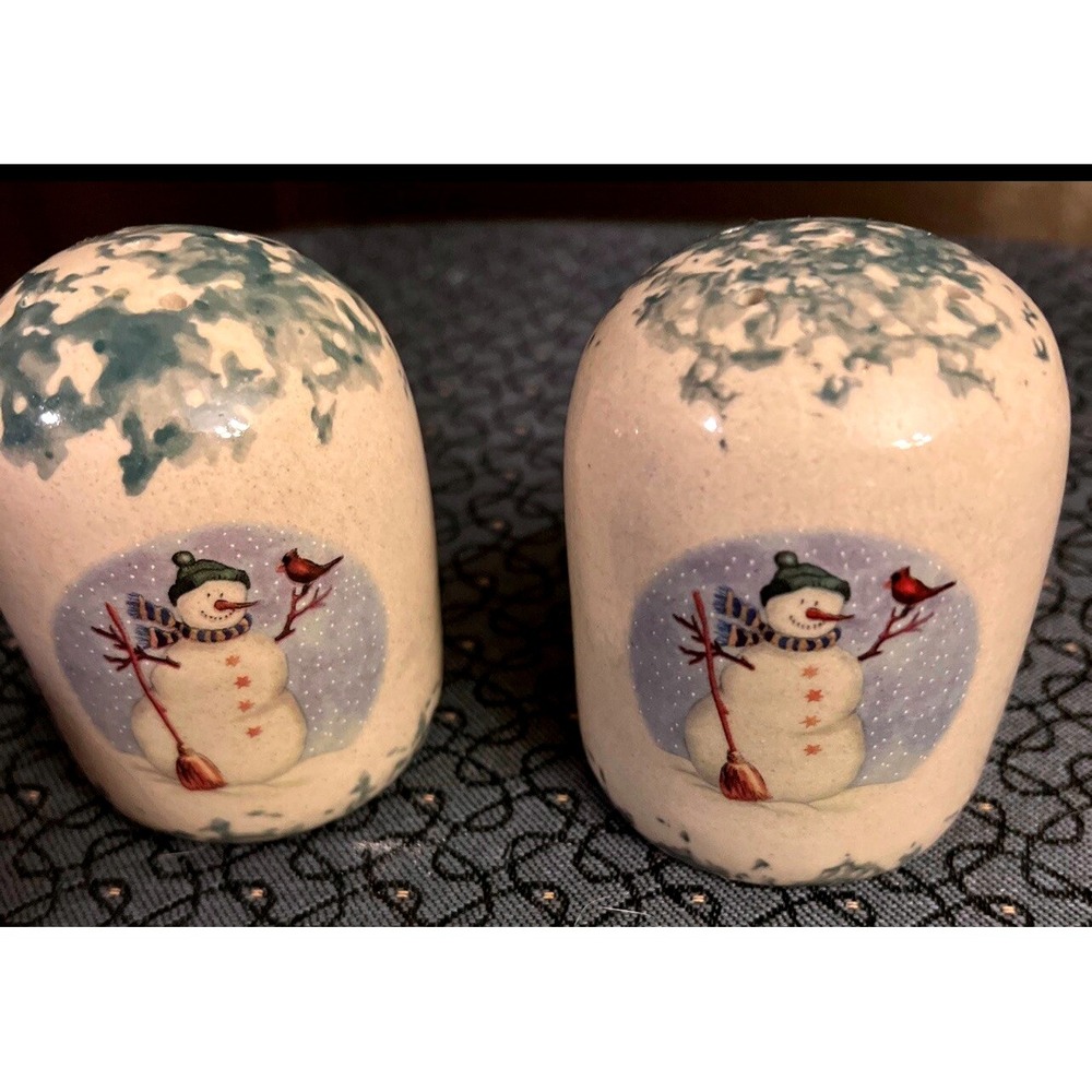 Stoneware Snowman Scene Salt and Pepper Shaker Set - Christmas Winter 2 x 3" EUC